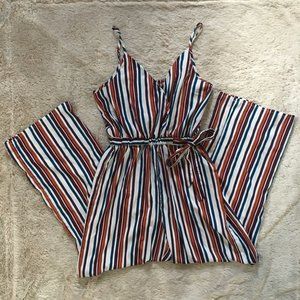 Indulge 70’s Striped Wide Leg V Neck Jumpsuit White Burnt Orange Size Medium